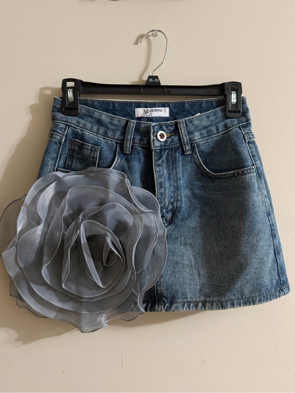 Adonna Blue Denim Mini Skirt with Gray Flower Accent